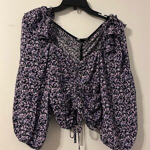 Zara Women's Size Small Purple Floral Ruffled Balloon Drawstring Crop Blouse Top